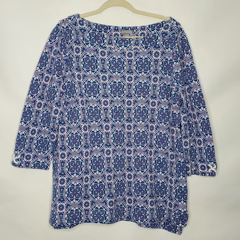 T by Talbots Plus Size Boatneck Top 1X Cotton Medallion Print Pullover Shirt